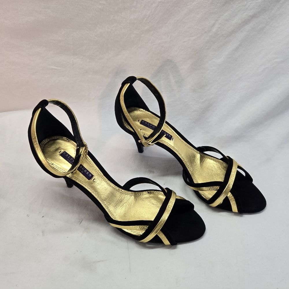 Ralph Lauren Collection Purple Label 10B Black Gold Leather Ankle Straps Heels - Picture 2 of 11